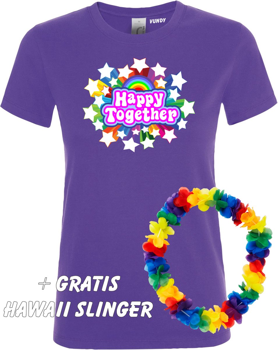 Dames t-shirt Happy Together Stars | Toppers in Concert 2022 | Toppers kleding shirt | Flower Power | Hippie Jaren 60 | Paars dames | maat S